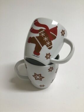Crate & Barrel Christmas Espresso Mugs SET OF 2 Kids Gingerbread Man Snowflakes